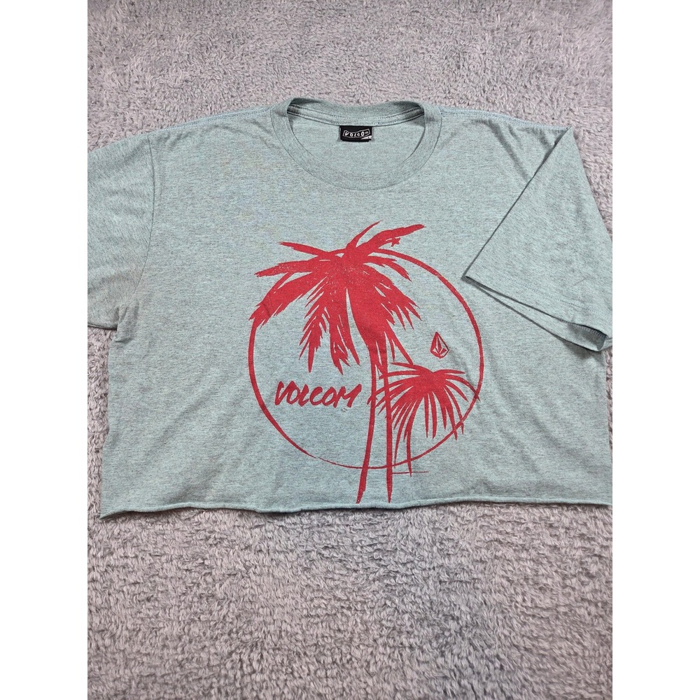 Volcom T-Shirt Large Green Womens Cropped Palm Tree Graphic Short Sleeve Tee